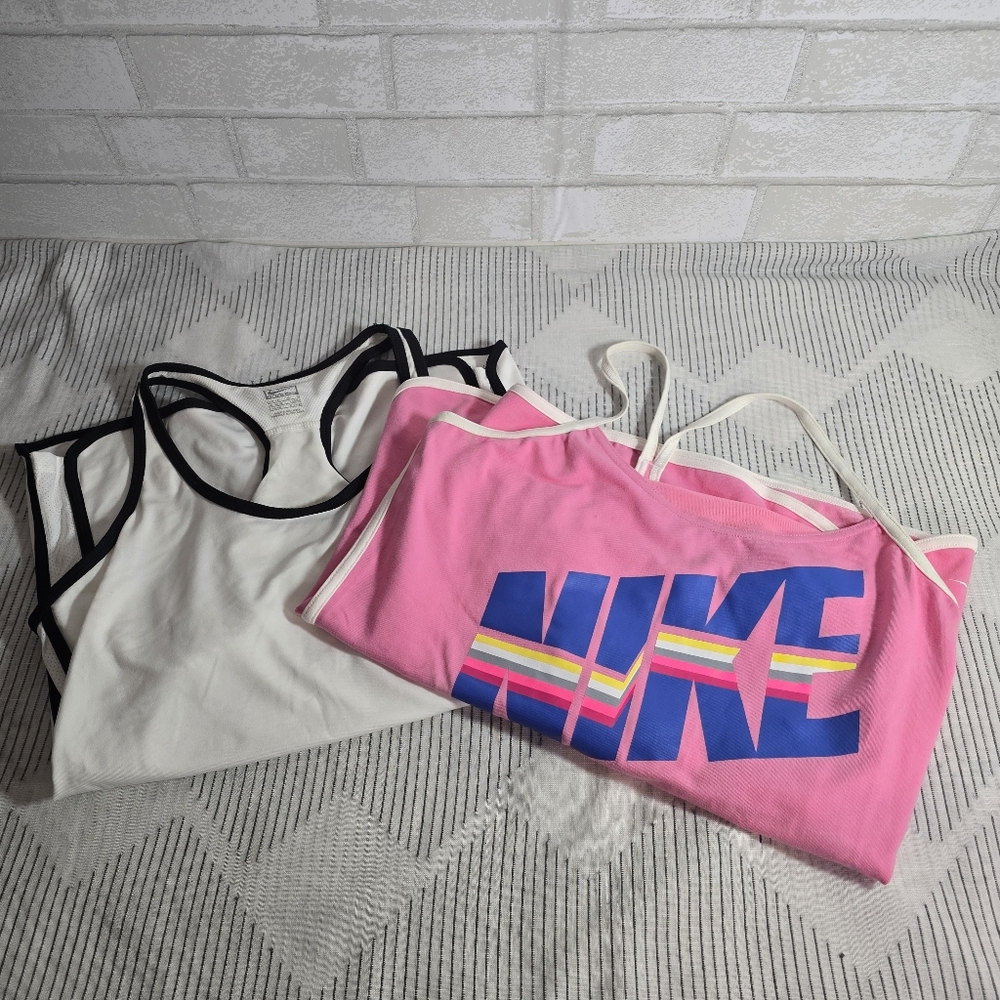 2 Nike Activewear Dry Fit Performance Tank Tops Women's Large Pink Logo & White
